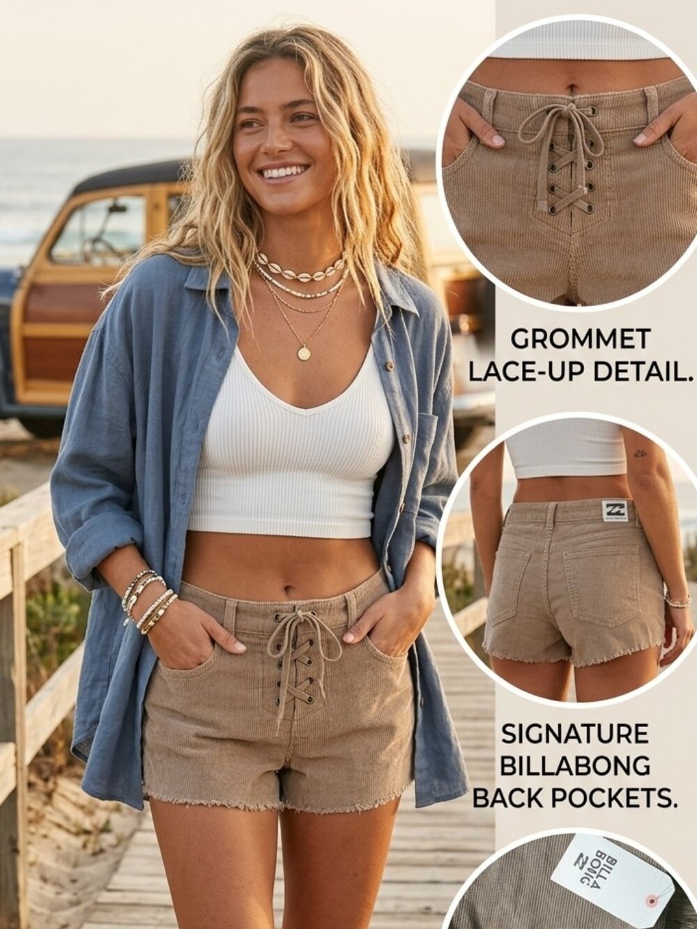NWT Billabong Corduroy Lace-Up Beach Shorts Size M Boho Coastal Cowgirl